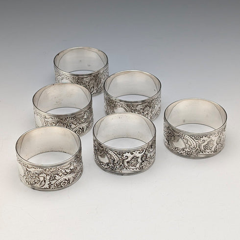 Antique British silver plate napkin rings, set of 6
